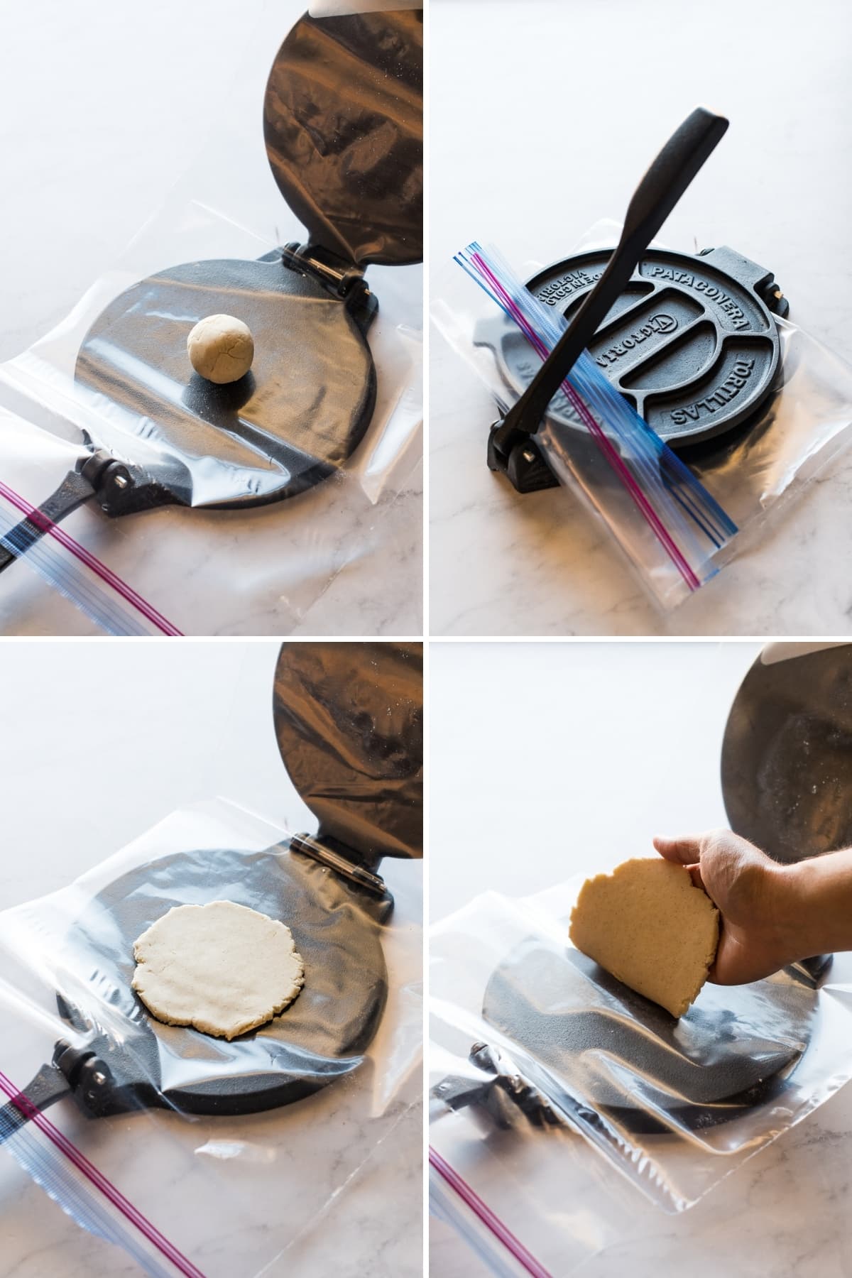 Masa dough being flattened out for sopes using a tortilla press.