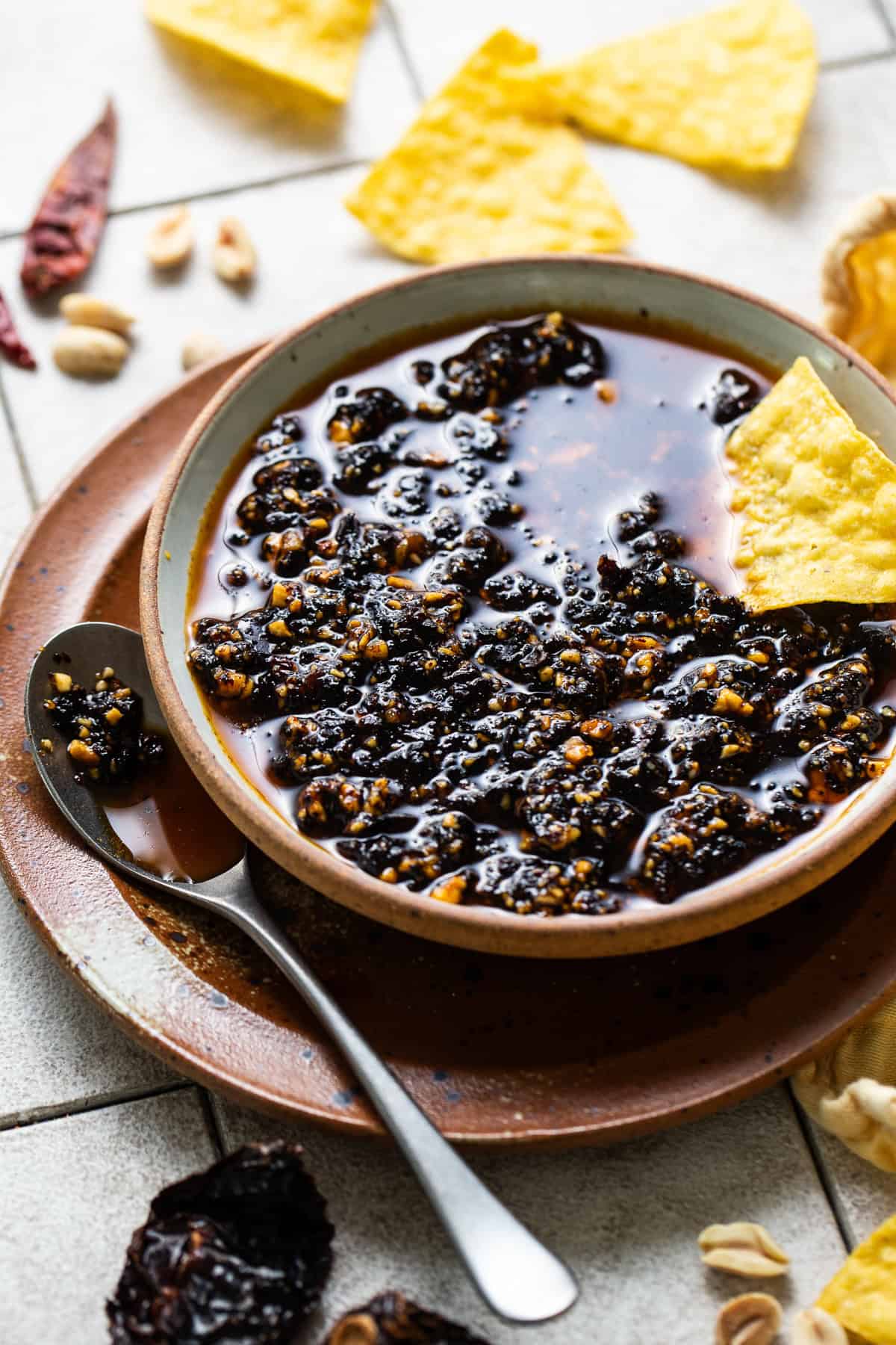 Salsa macha in a bowl ready to eat.