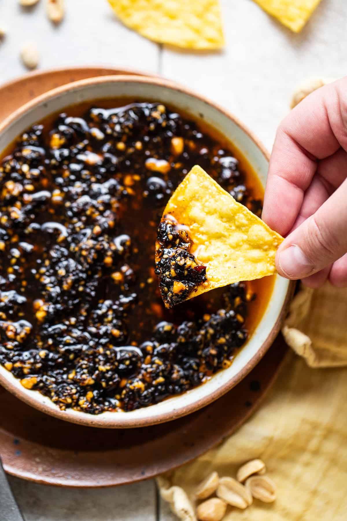 Salsa macha on a tortilla chip.