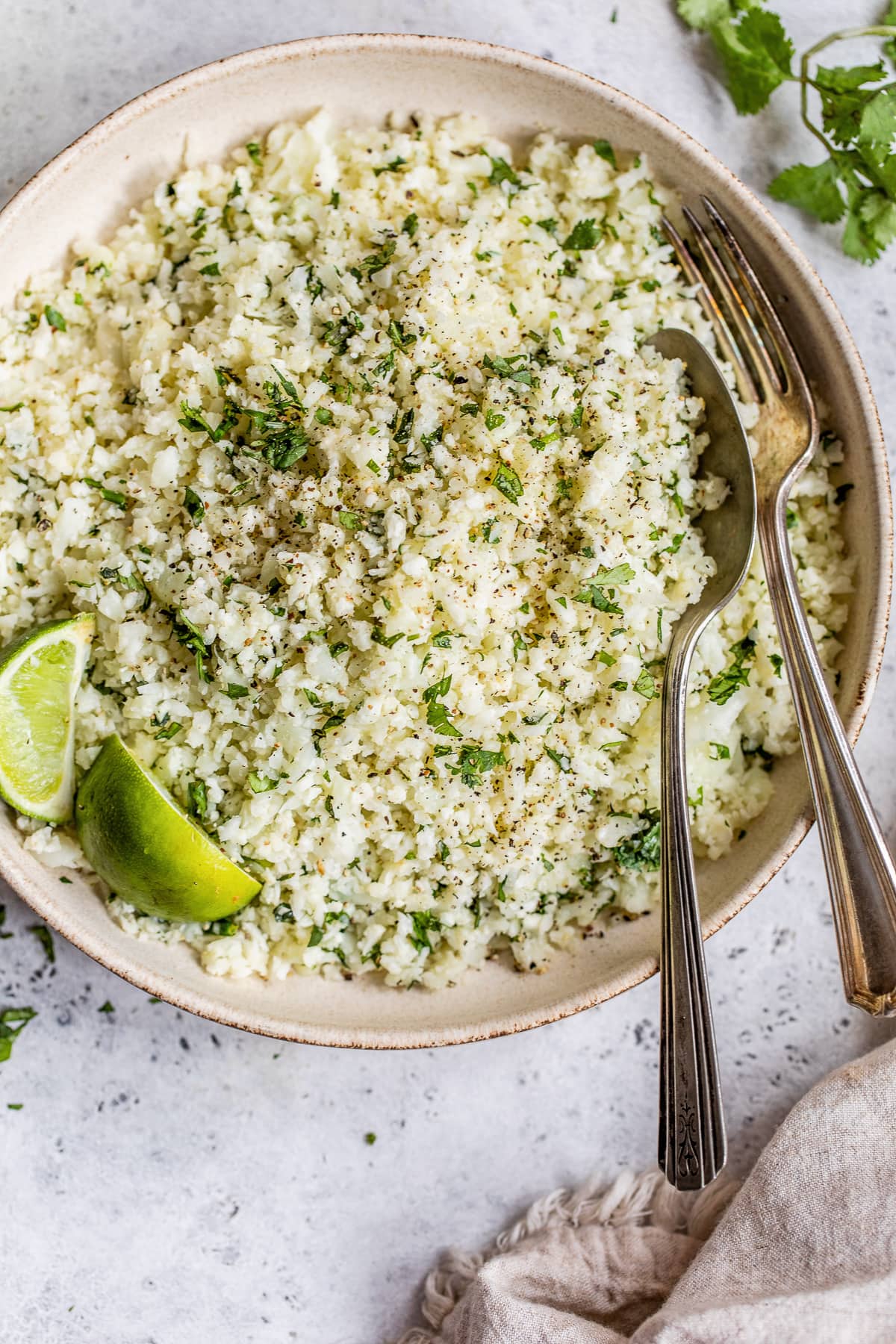 Cilantro lime cauliflower rice in a bowl.