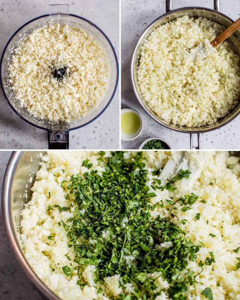 Step by step photos of cilantro lime cauliflower rice being made.