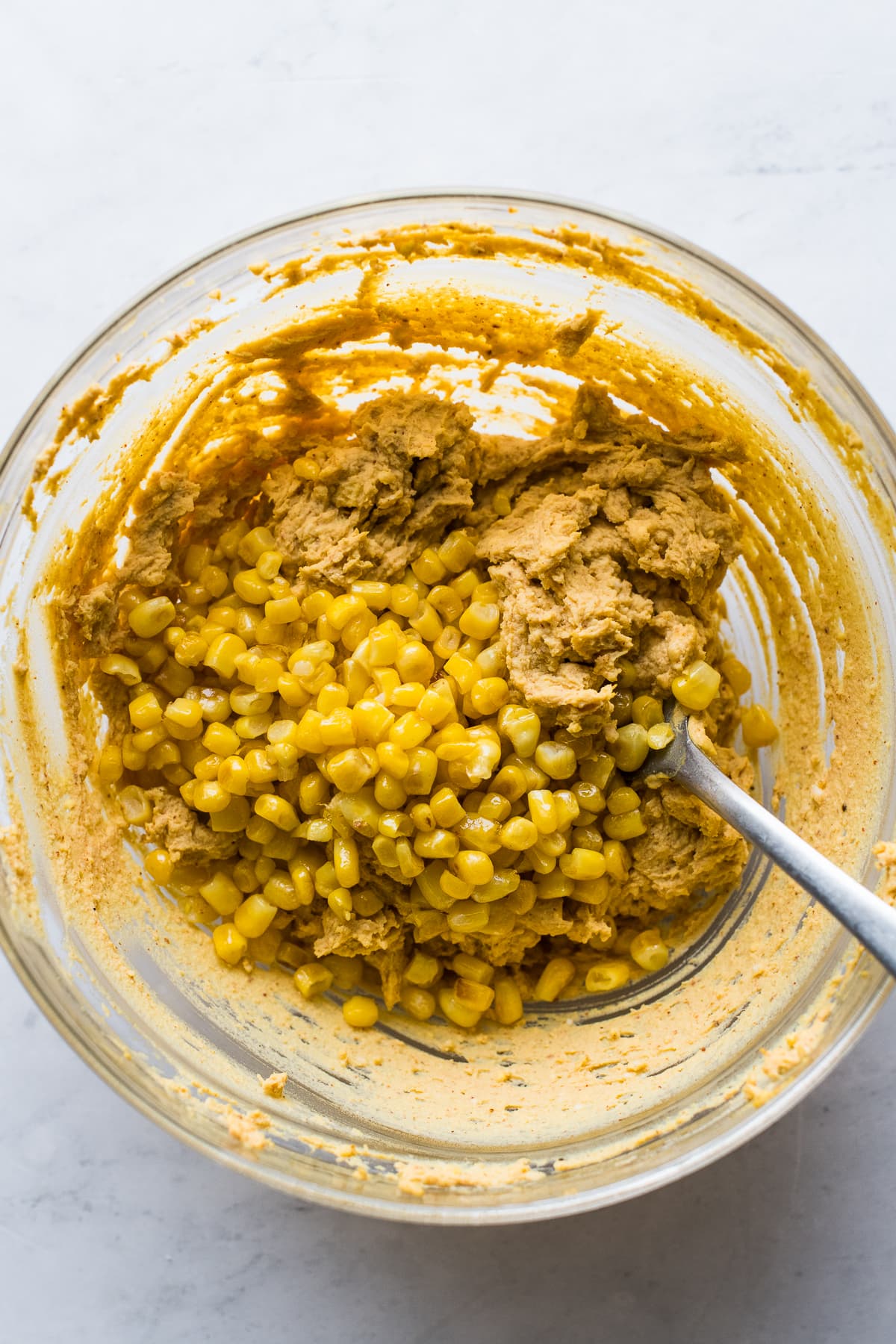 The filling for deviled eggs in a bowl.