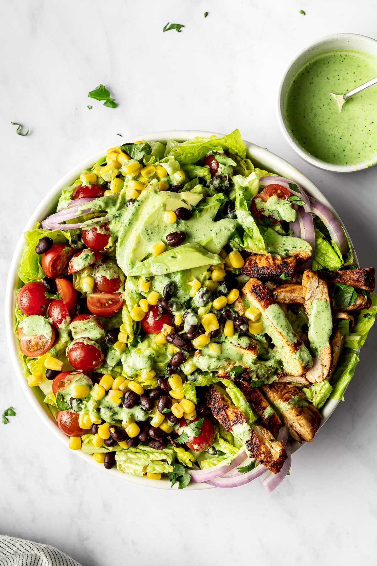 Southwest chicken salad topped with cilantro lime dressing.