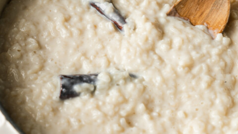 Bowl of arroz con leche sprinkled with cinnamon