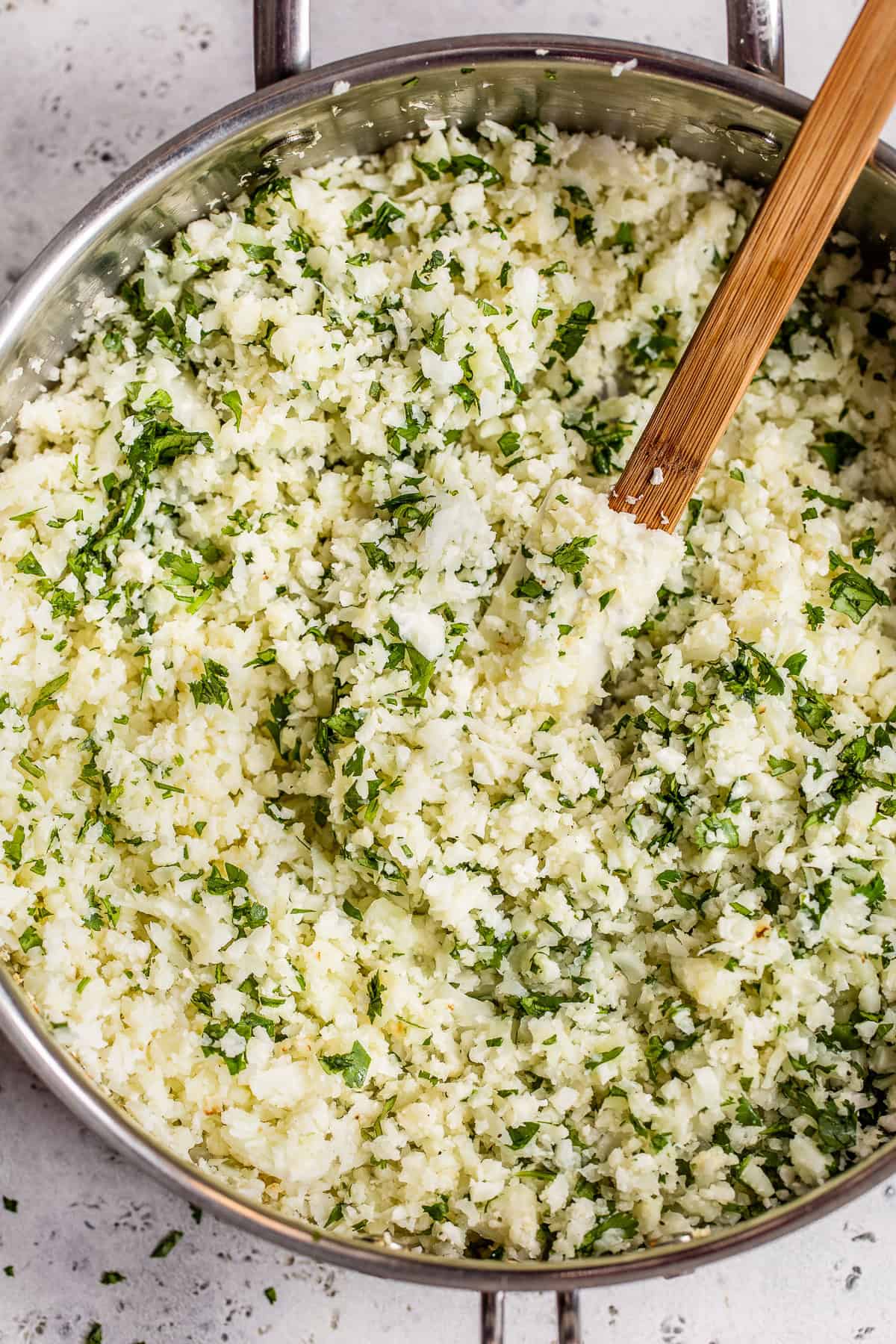 Cilantro Lime Cauliflower Rice in a skillet.