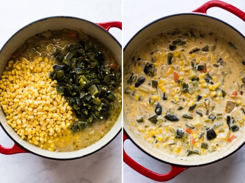 A pot filled with roasted poblano corn chowder.