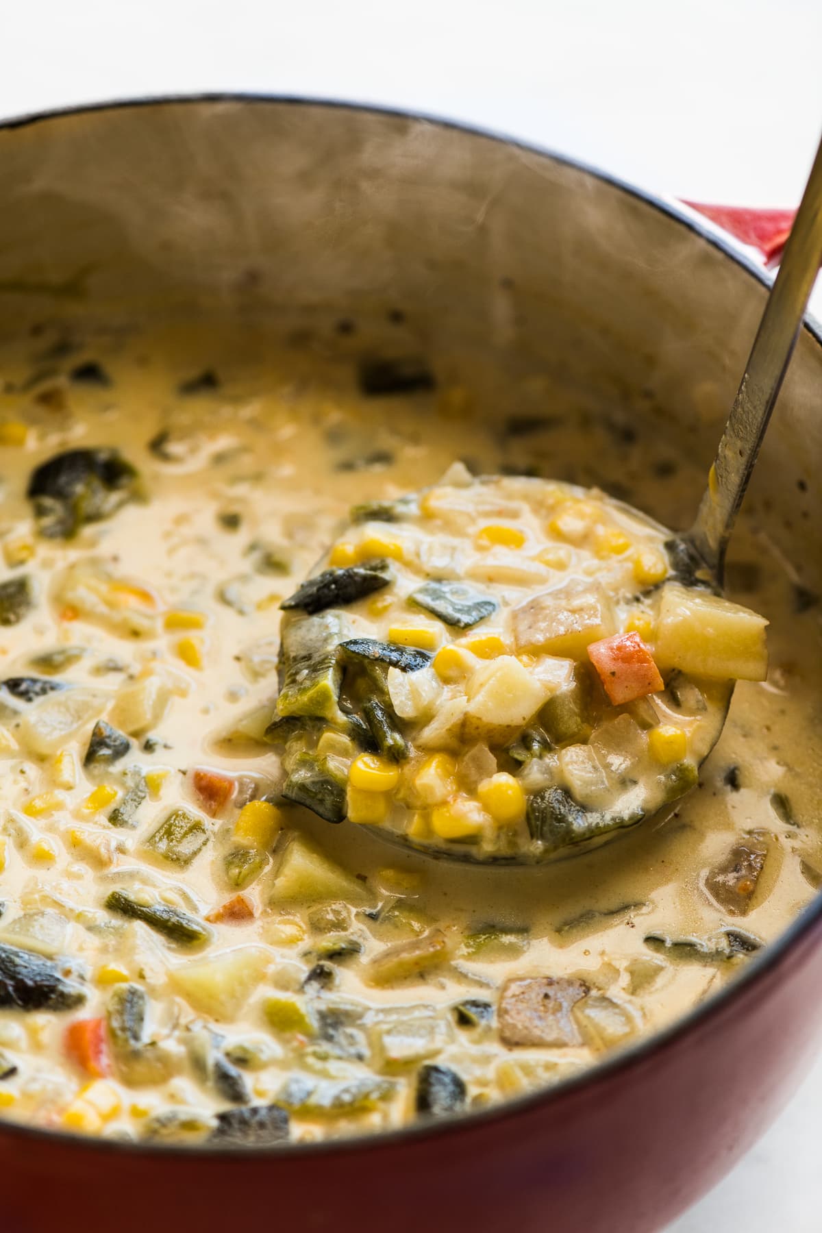 A ladle scooping some chowder ready to be eaten.