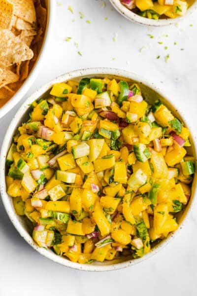 Mango salsa in a bowl ready to be eaten.