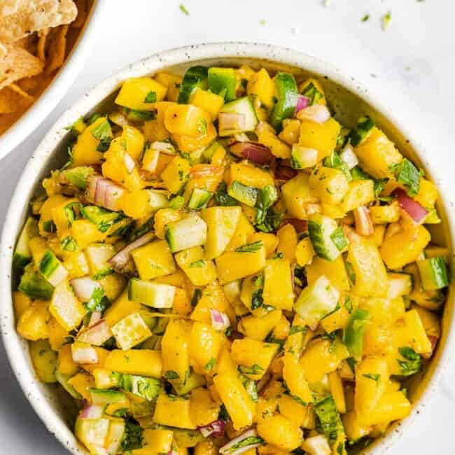 Mango salsa in a bowl ready to be eaten.