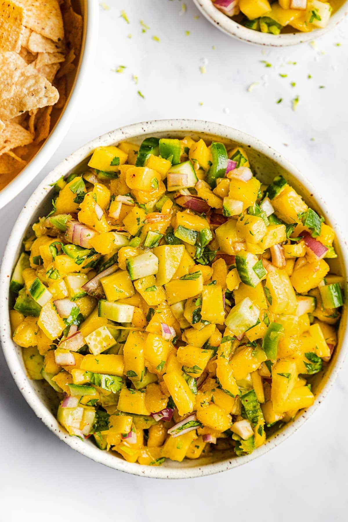 Mango salsa in a bowl ready to be eaten.