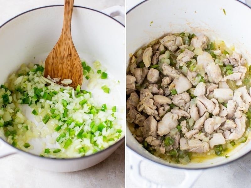 Onions, peppers, and chicken sauteed in a pot.