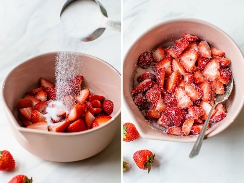 A bowl of sliced strawberries macerating in granulated sugar.