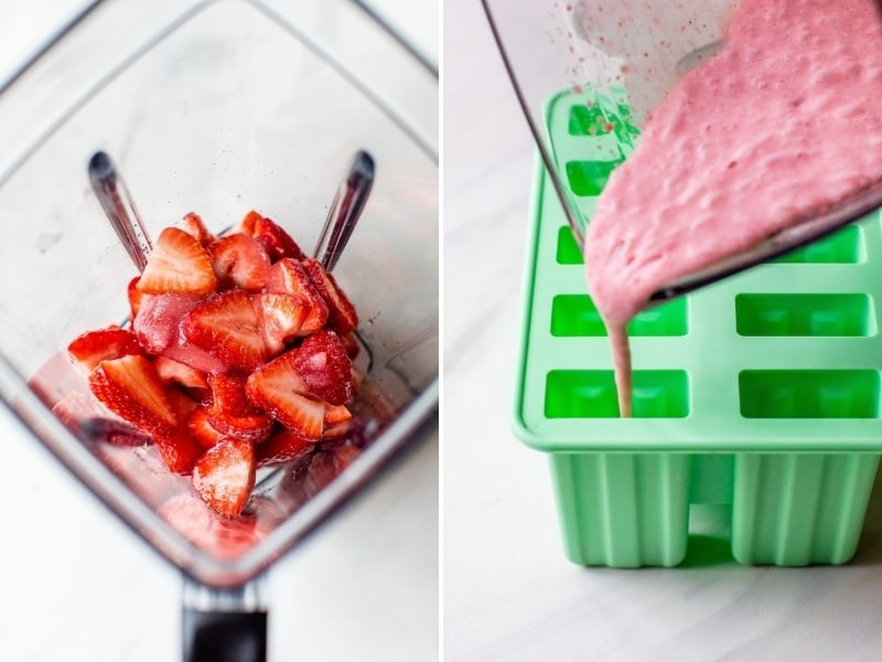 Macerated strawberries in a blender to make popsicles.