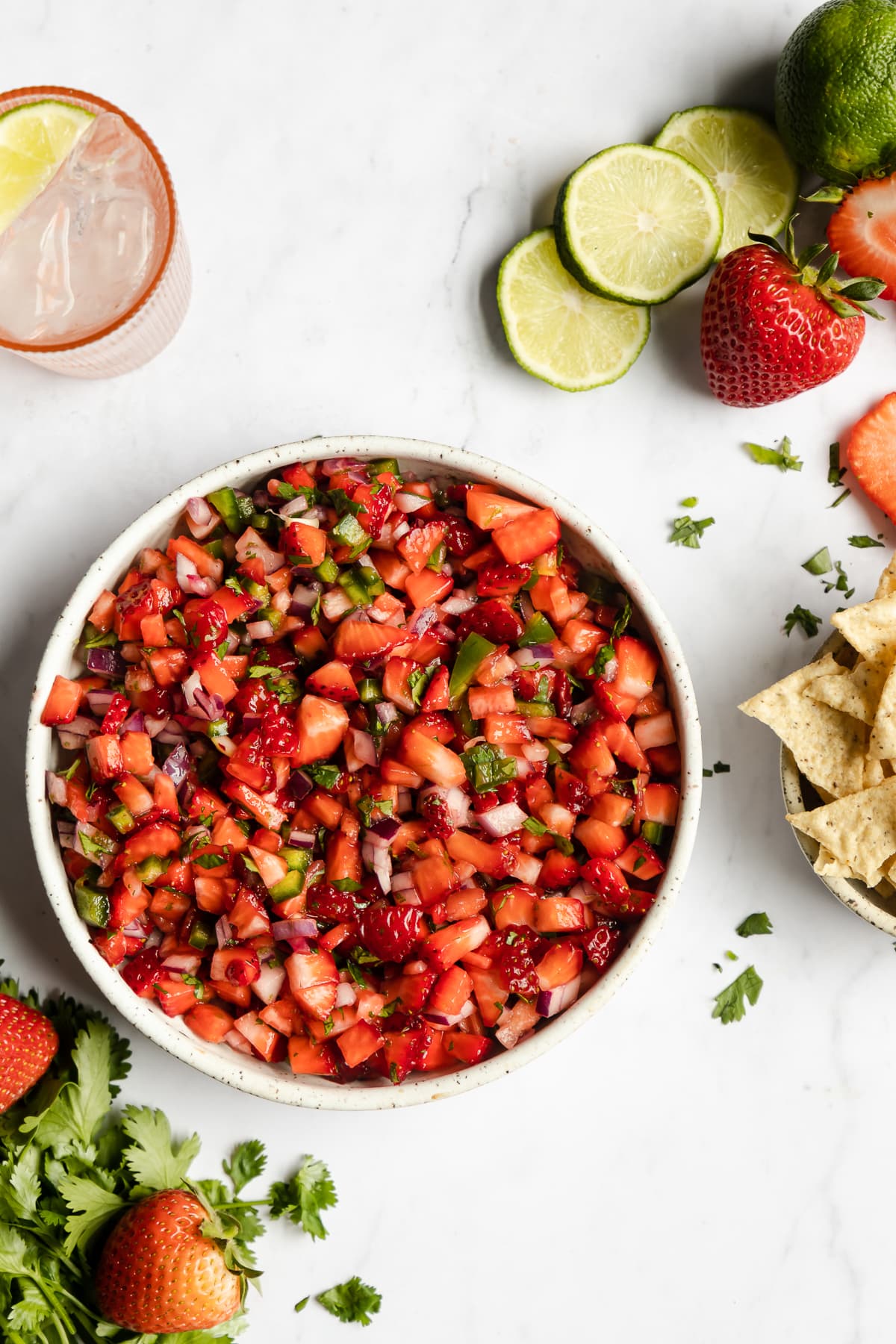Strawberry salsa in a bowl ready to be eaten.