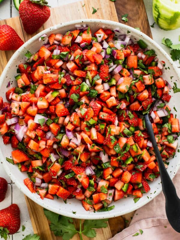 Strawberry salsa in a bowl.