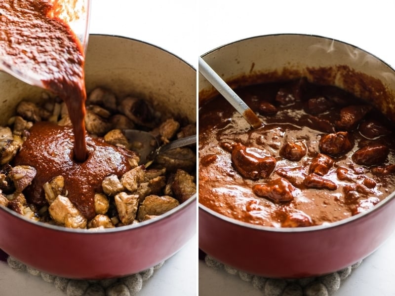 Red chile sauce poured on top of seared pork for carne adovada.