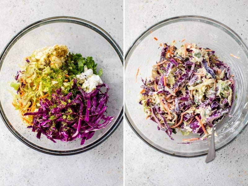 Fish taco slaw in a glass bowl being mixed and prepared.