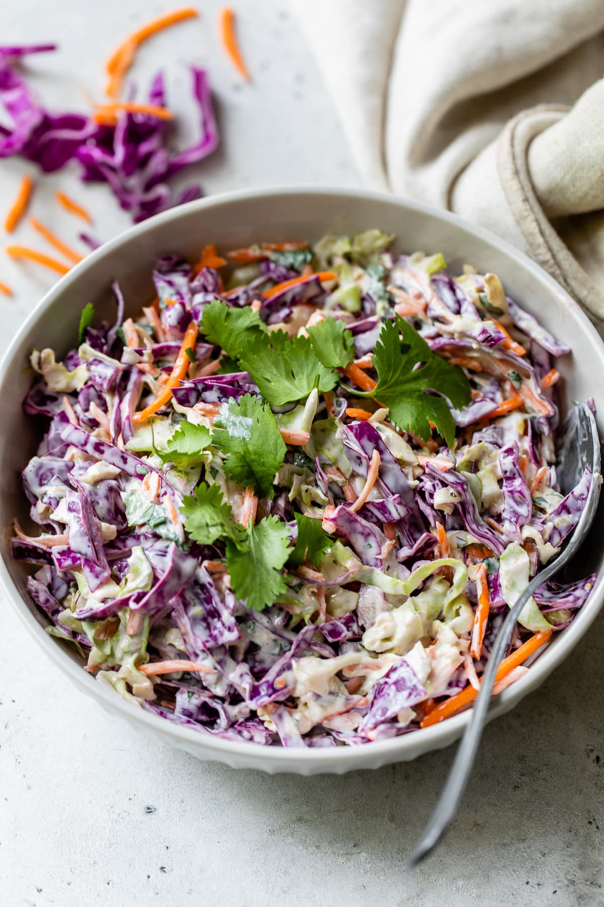 A bowl filled with fish taco slaw ready to eat.