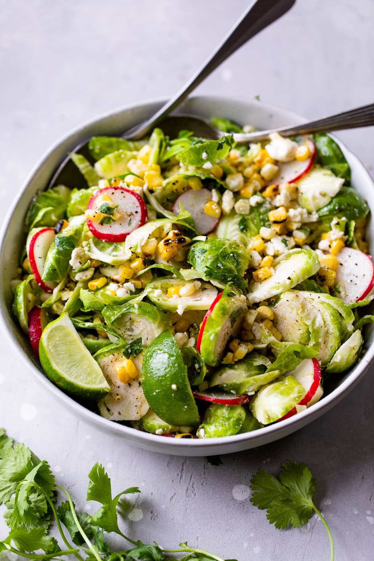 Sliced brussels sprouts in a bowl with grilled corn, radishes, and feta cheese.