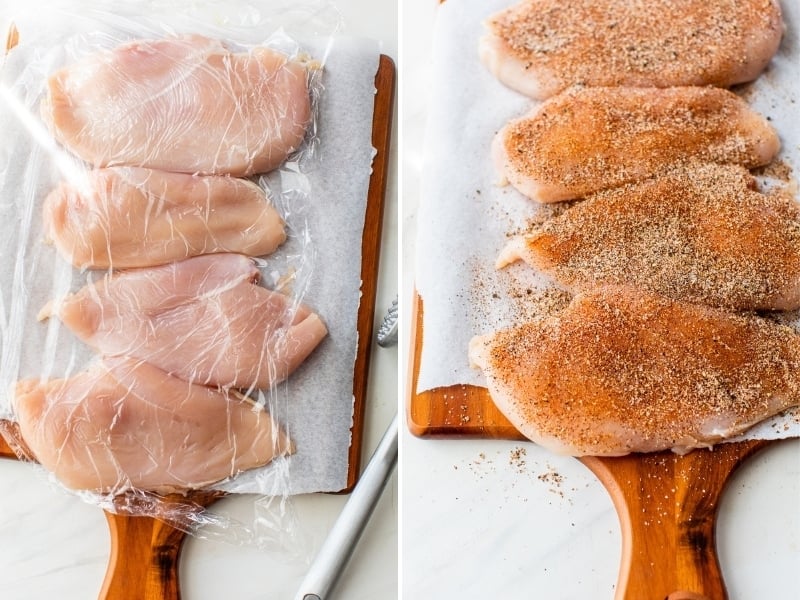 Chicken breasts being tenderized and seasoned.