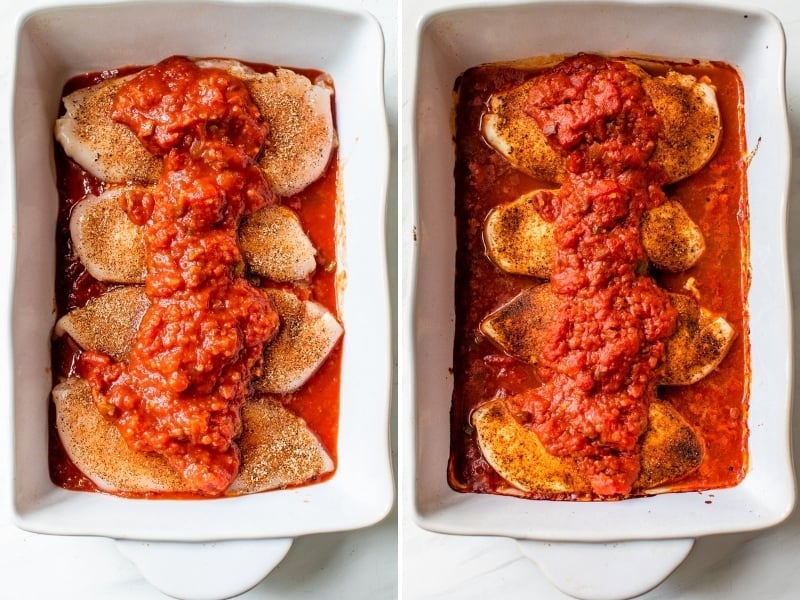 Chicken breasts in a baking dish topped with marinara sauce.