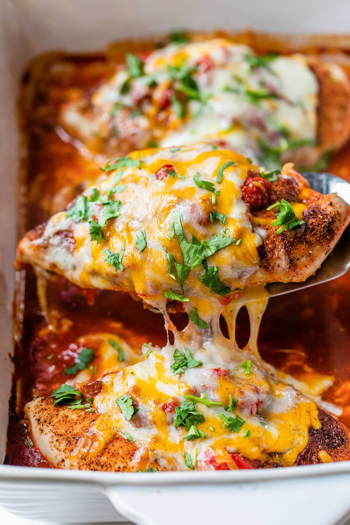 Baked salsa chicken on a spatula being pulled out of a baking dish.