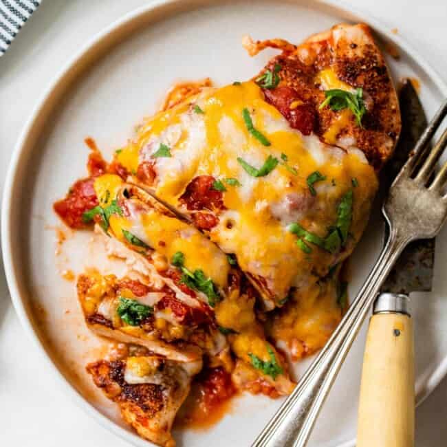 Salsa chicken on a plate sliced and ready to eat.