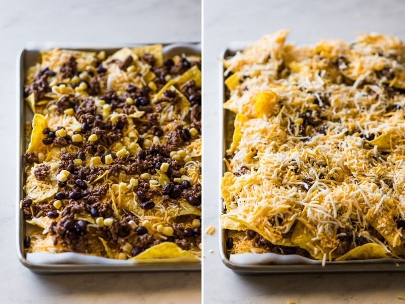 Ground beef, corn, and black beans layered on tortillas chips.