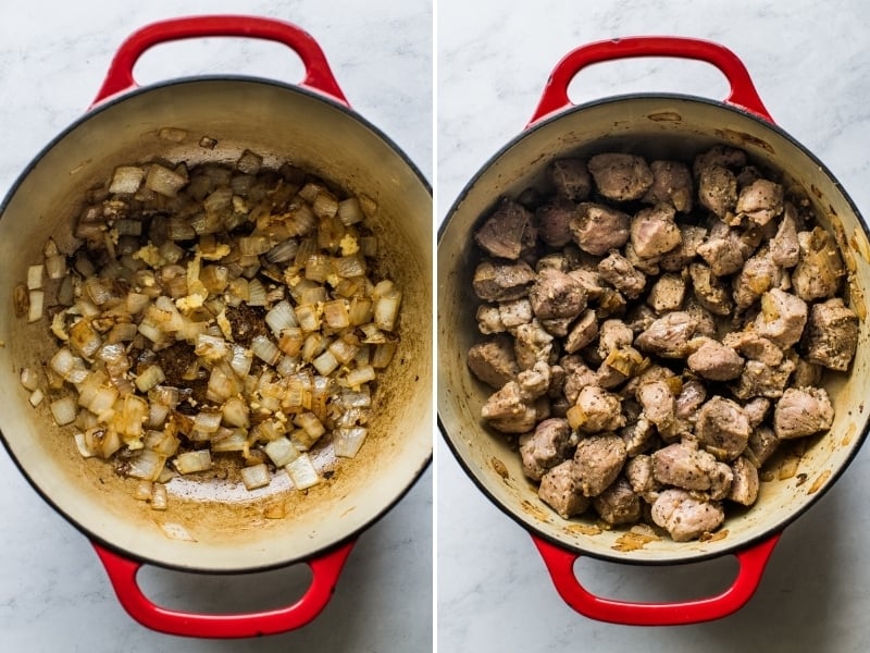 Sauteed onions and pork shoulder in a dutch oven.