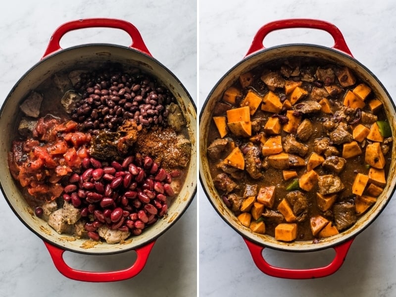 Black beans, dark red kidney beans, diced tomatoes, and sweet potatoes mixed into pork chili.