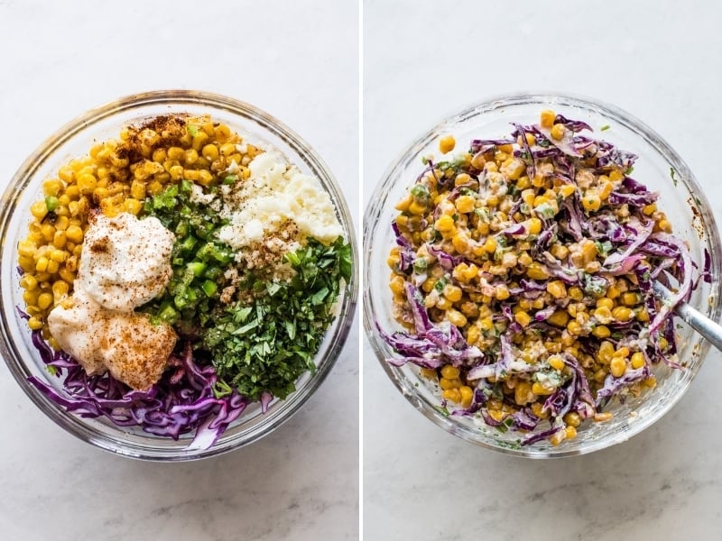 Elote slaw in a bowl made from corn, shredded red cabbage, and more.