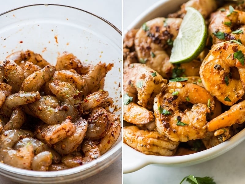 Cooked spicy shrimp in a bowl topped with lime juice and cilantro.