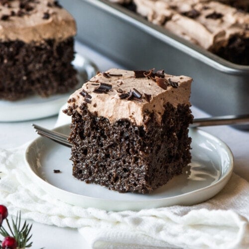 A slice of chocolate tres leches cake.