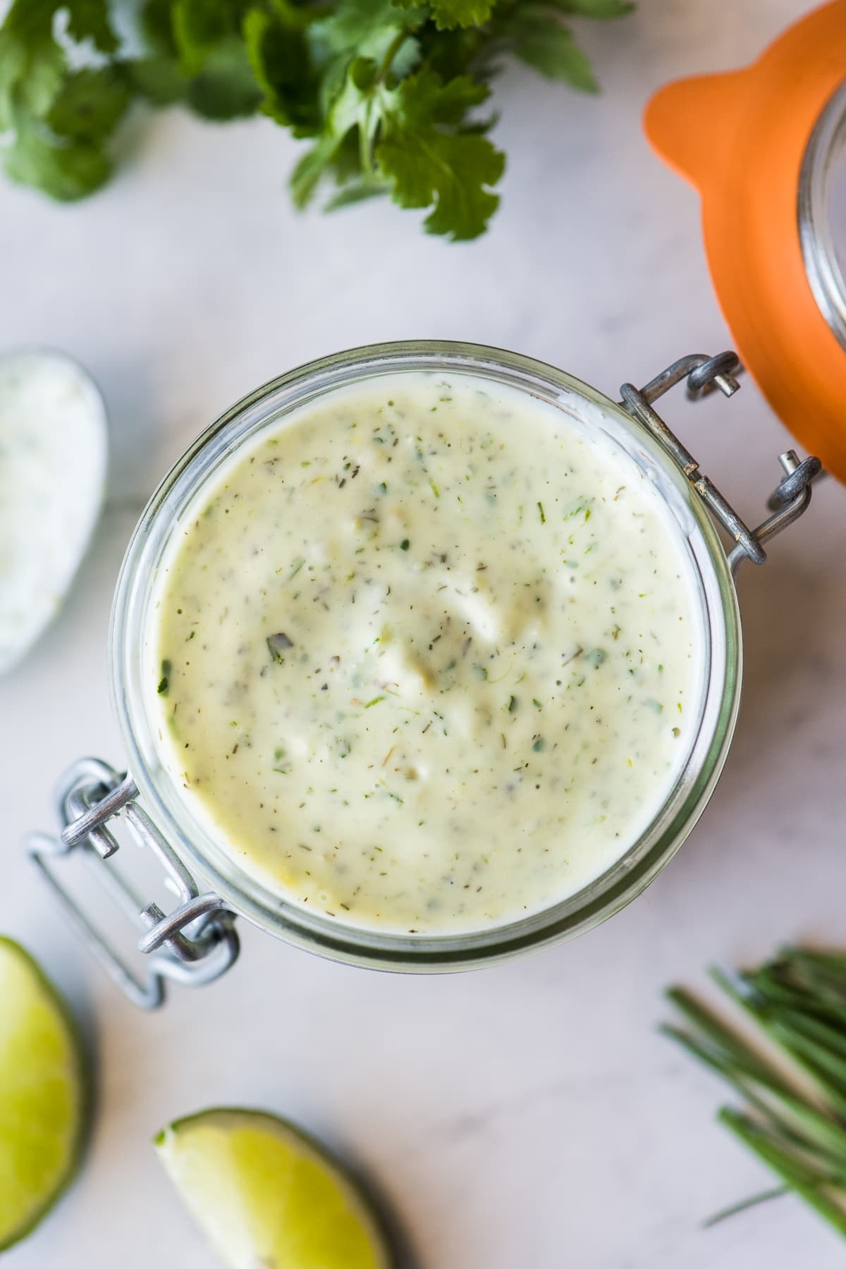 Jalapeno ranch in a glass jar ready to eat.