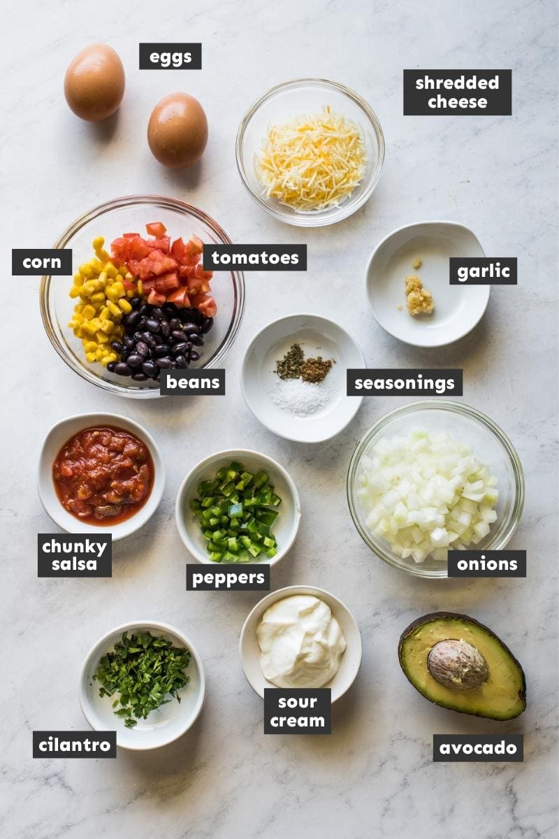 Ingredients in Mexican omelet on a table.