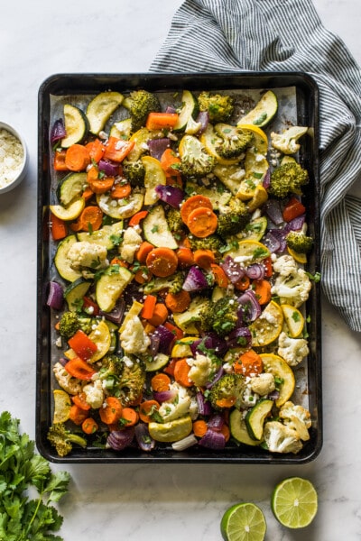 Mexican Roasted Vegetables on a sheet pan.
