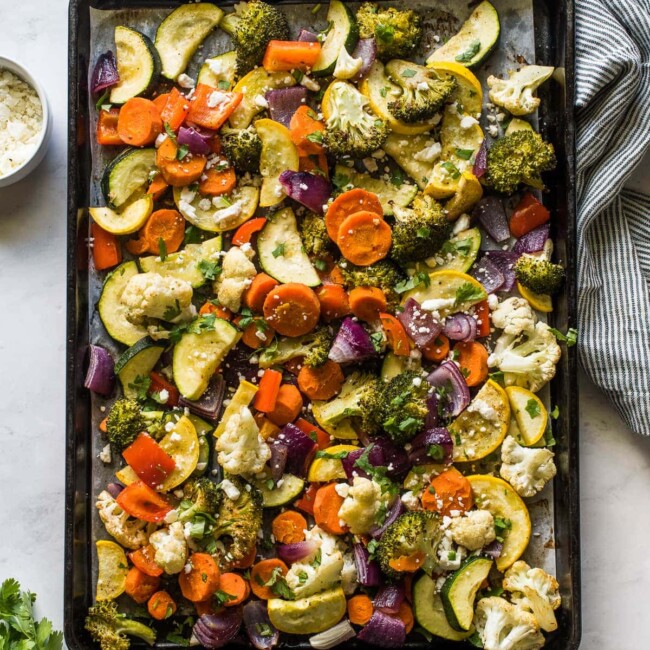 Mexican Roasted Vegetables on a sheet pan.