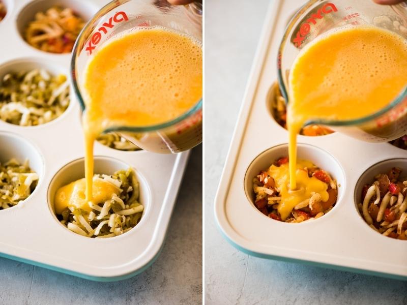 Whisked eggs being poured into muffin tin.