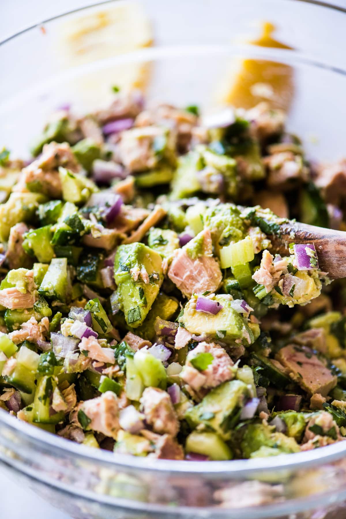 Avocado tuna salad in a bowl.