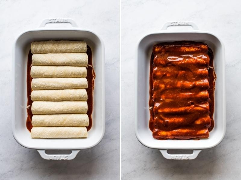 Corn tortillas stuffed with cheese and rolled in a baking dish.