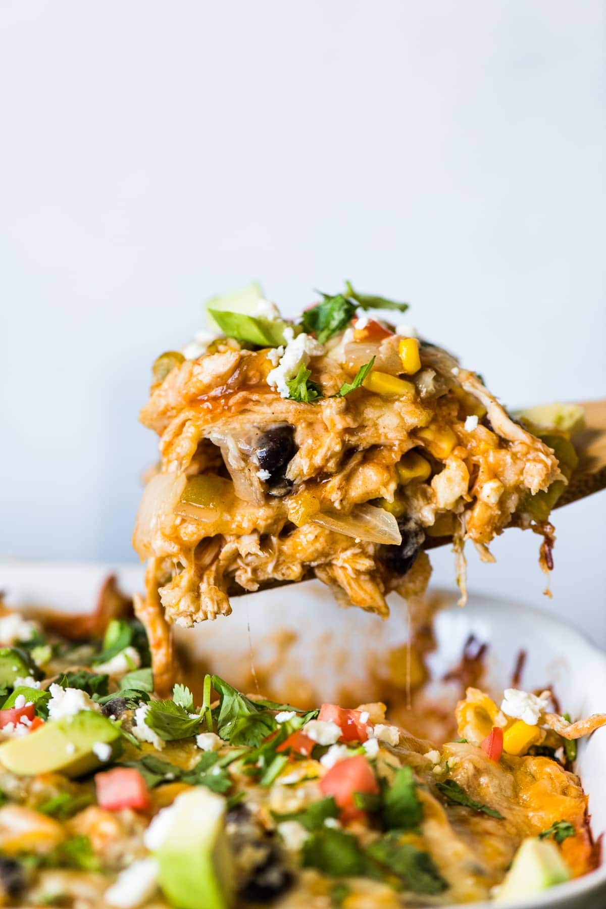 A spoonful of chicken enchilada casserole about to be served onto a plate.