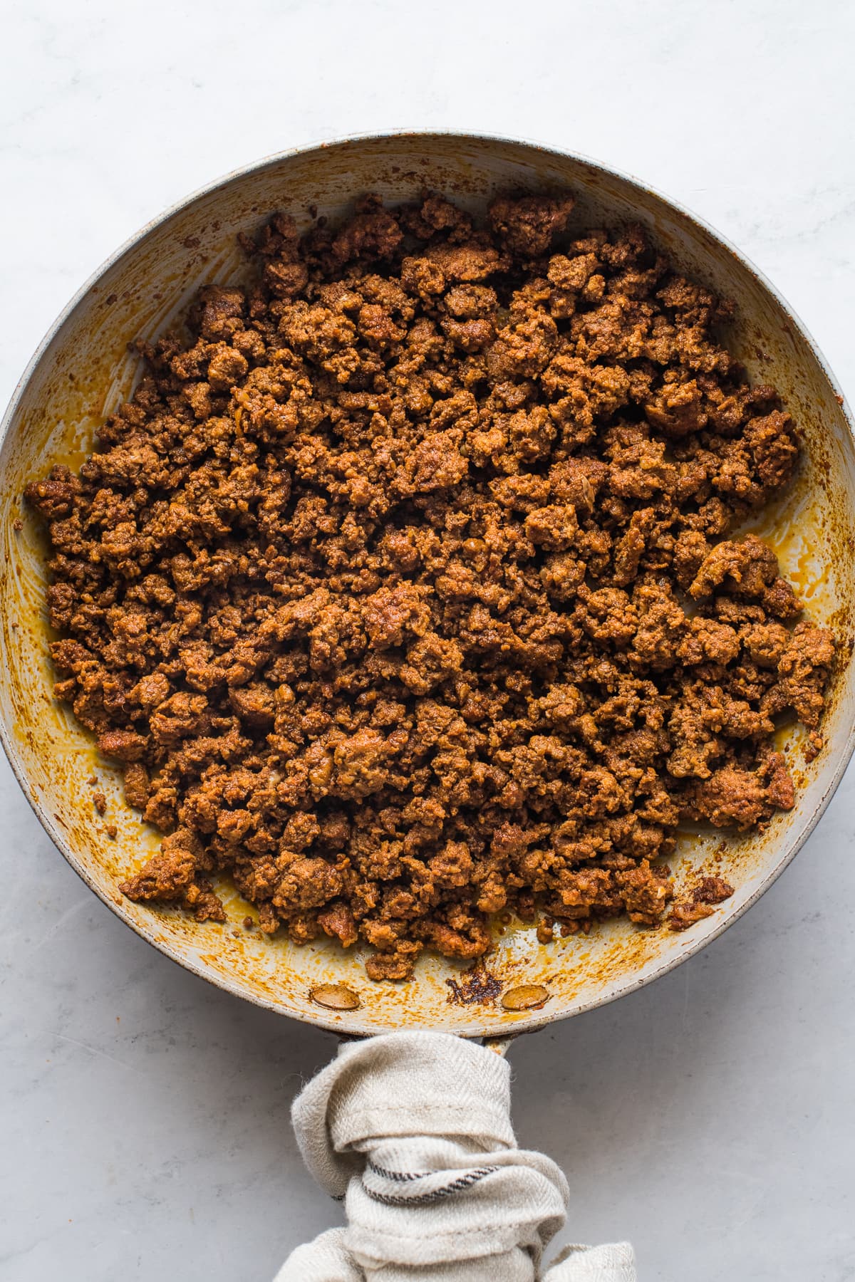 Homemade chorizo in a skillet for tacos