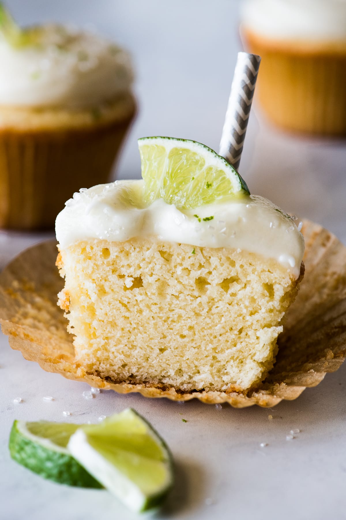 A Margarita cupcake sliced in half down the middle.