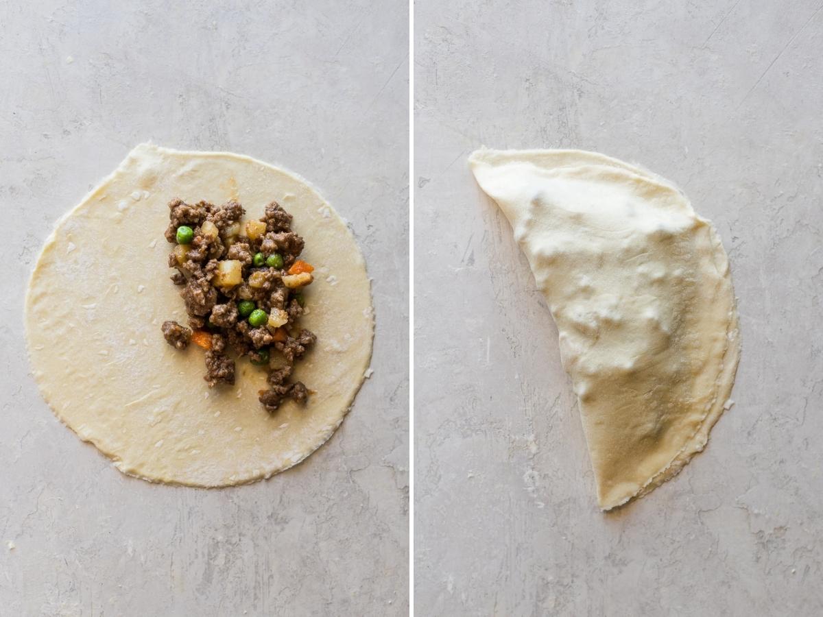 Ground beef filling in the center of an empanada disc.