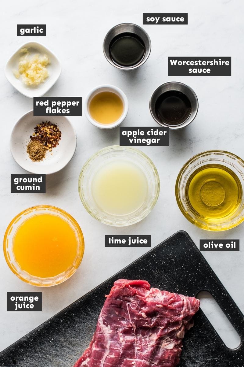 Ingredients for Skirt Steak Marinade laid out on a table.