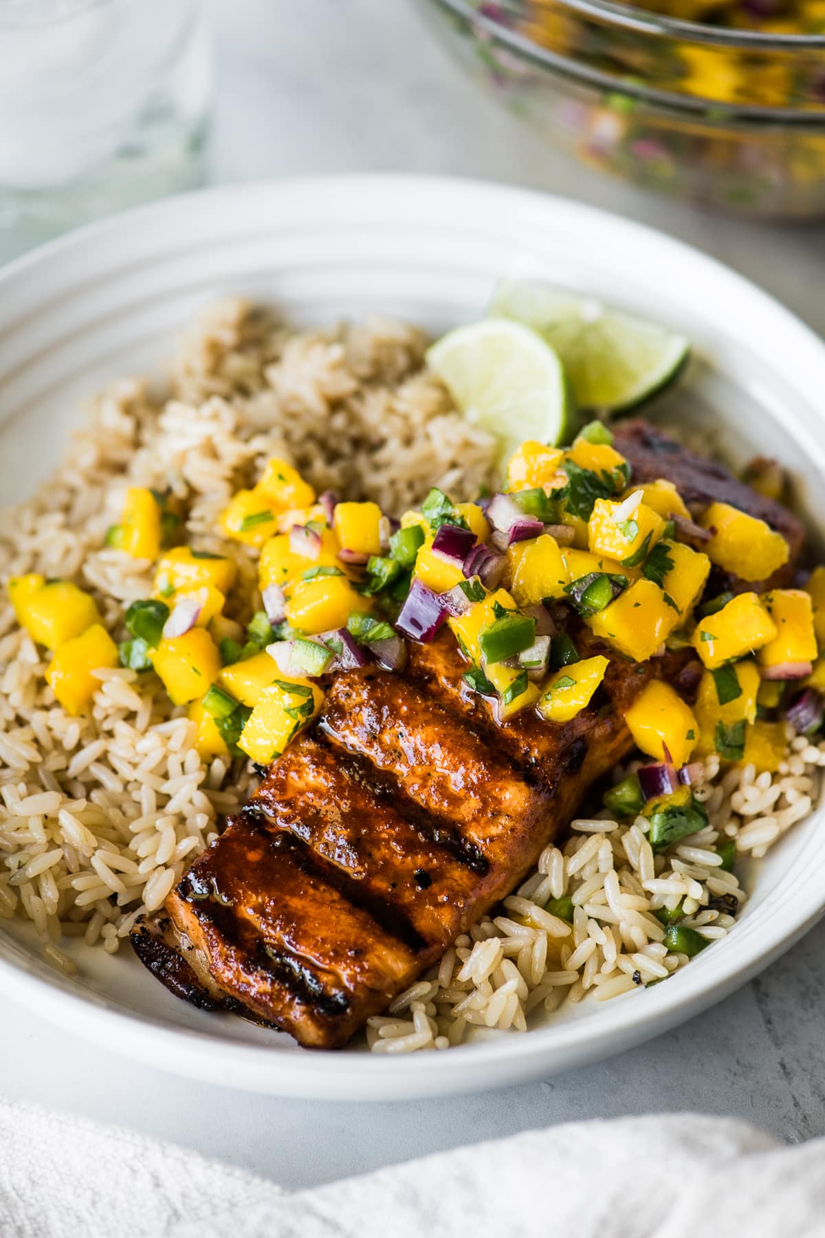 Mango salsa on top of grilled marinated salmon