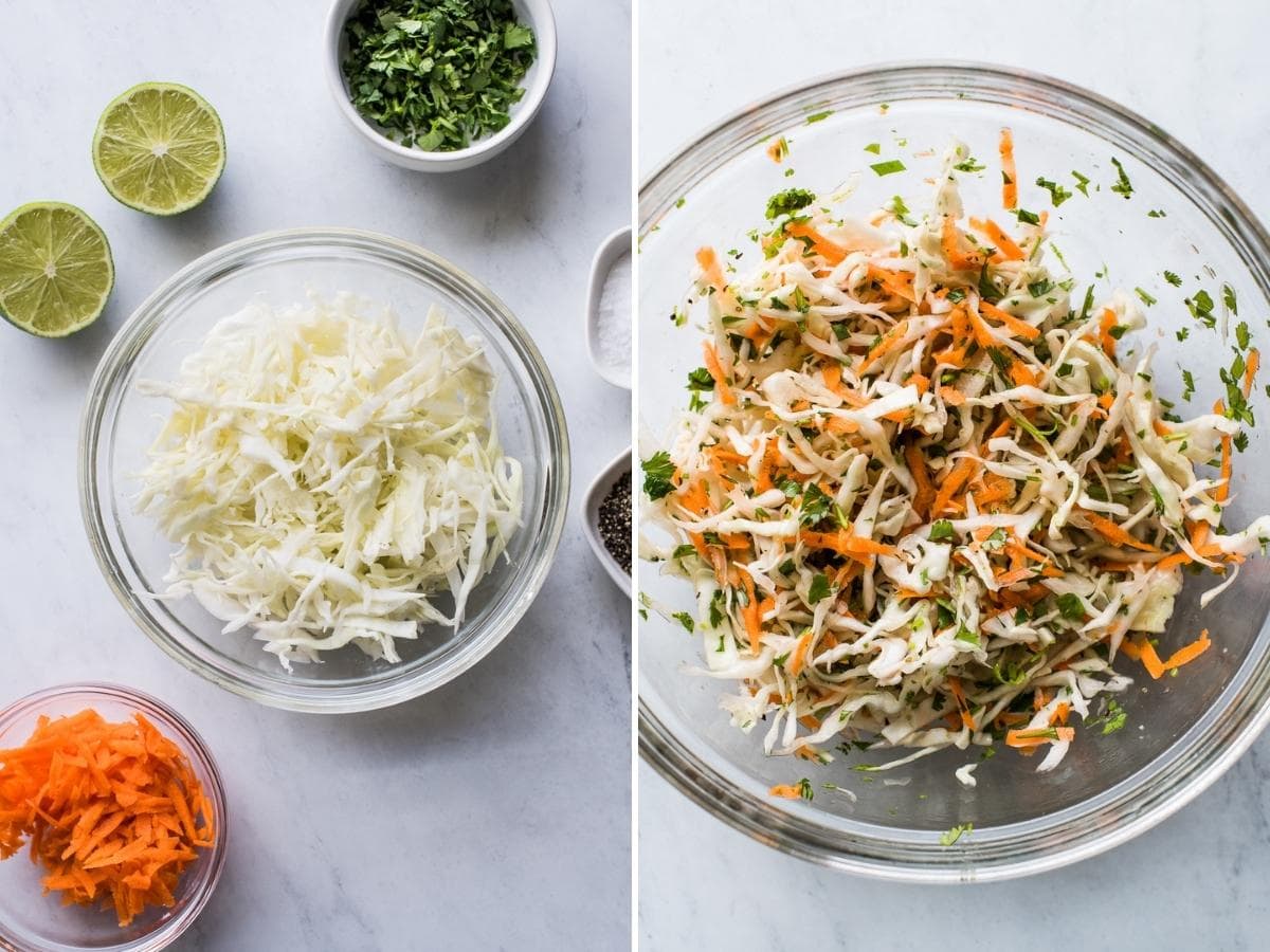 Shredded cabbage and carrot slaw in a bowl.