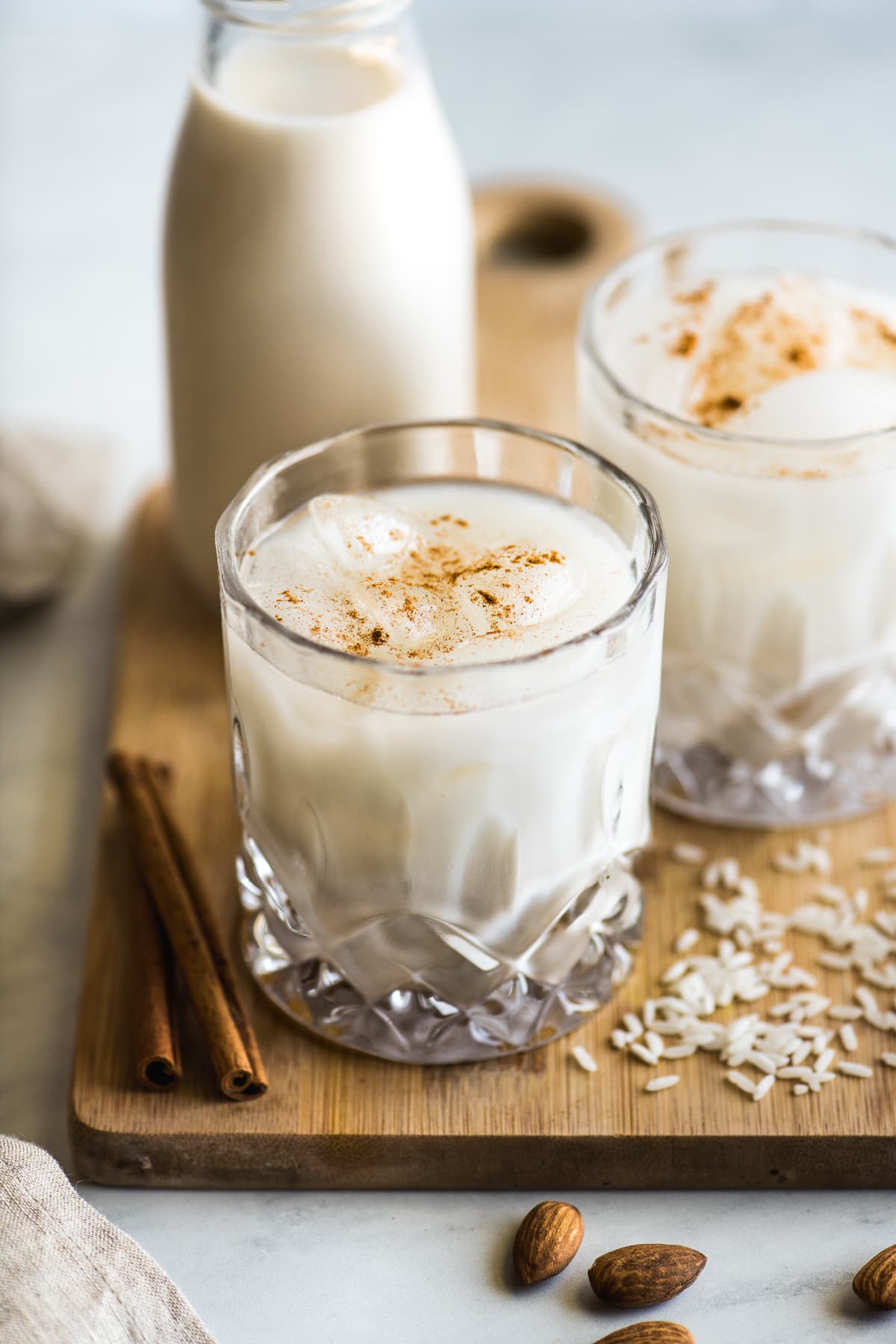 A glass of horchata on a table.