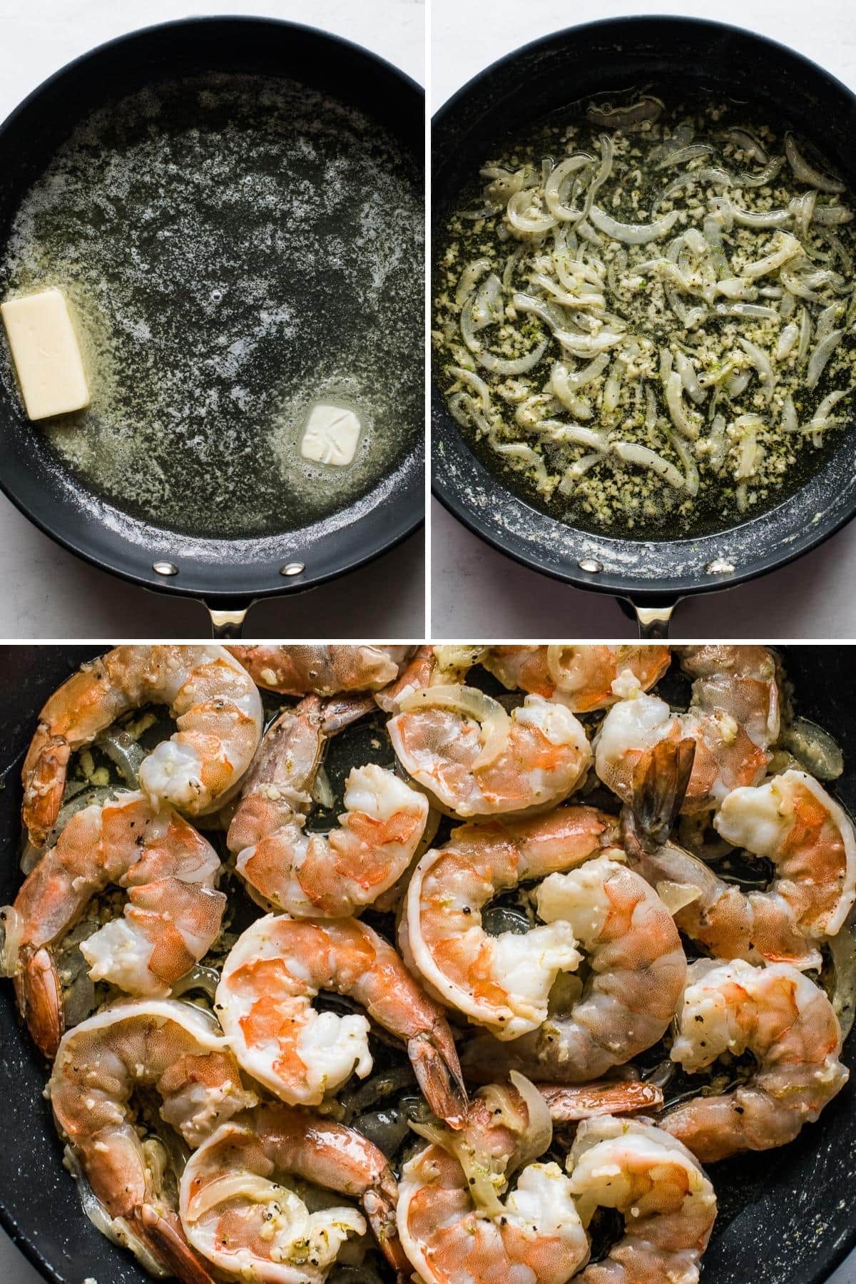 Camarones al mojo de ajo in a skillet with butter, garlic, and shrimp.