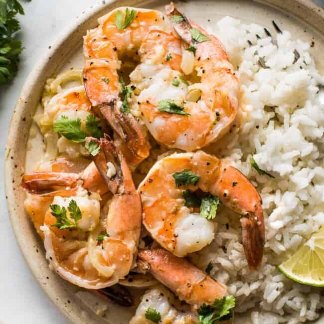Camarones al Mojo de Ajo (Mexican Garlic Shrimp) over white rice.